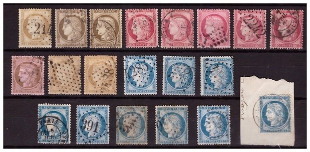 Frankrike 1849/1874 - Lot Type Cérès dentelés og non dentelés, med sete i Paris og utstedelse i Bordeaux fra 1870-71. - par multiples pour étude Type , teinte & Oblitération , Voir photos & déscriptif. #4.3
