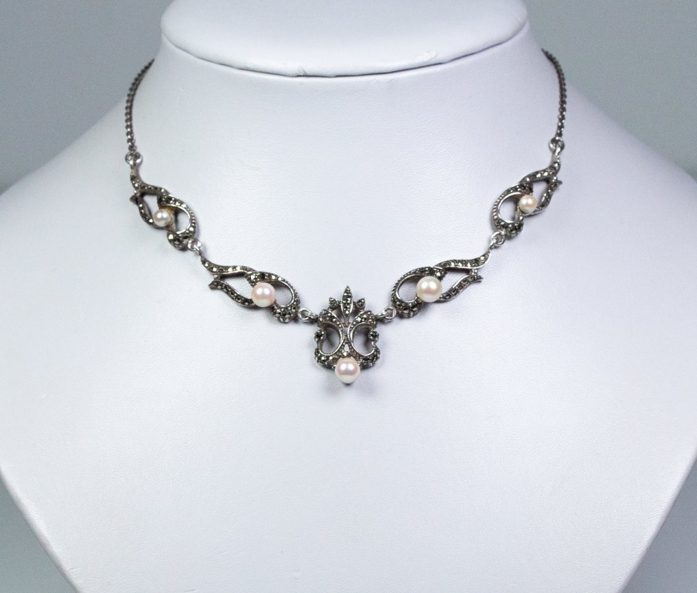 - 835 argento - Art Deco - Ø 4-6 mm perle di Akoya - Markasite - Collana con ciondolo #1.0