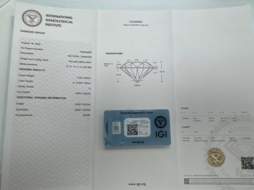 Ei pohjahintaa - 1 pcs Timantti (Luonnollinen) - 0.93 ct - Pyöreä - K - I3 - Kansainvälinen gemologinen instituutti (IGI) - vaalea harmaa #3.2