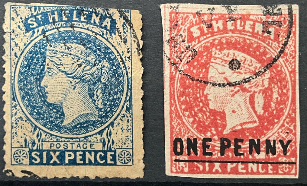 British Commonwealth 1865/1884 - Eight interesting stamps from St. Helena Island, catalog value approximately €600. - Michel #1.0