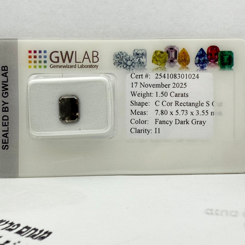 Sin precio de reserva - 1 pcs Diamante (Color natural) - 1.50 ct - Rectángulo - Fancy dark Gris - I1 - Gemewizard Gemological Laboratory (GWLab) #4.3