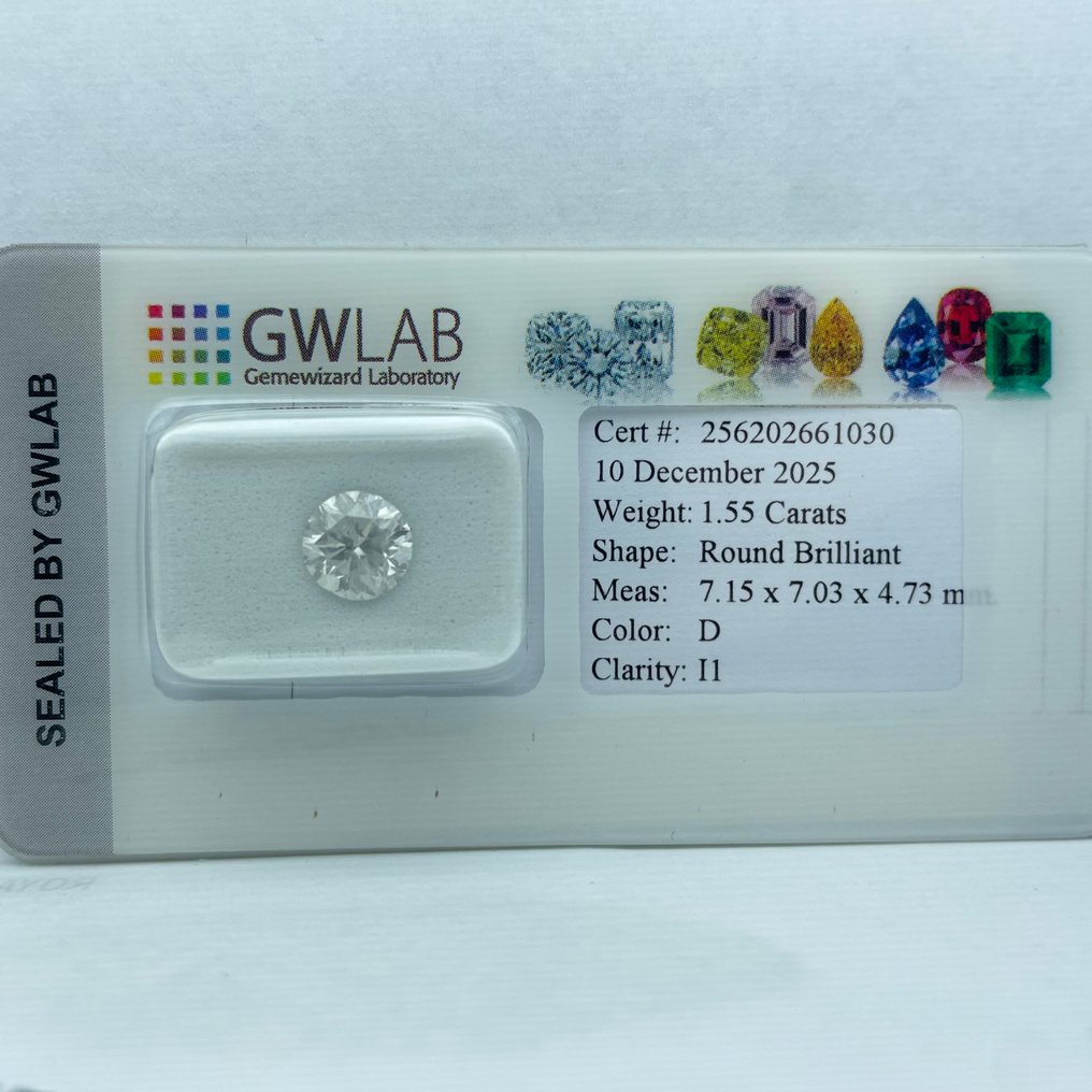 Fără preț de rezervă - 1 pcs Diamant  (Natural)  - 1.55 ct - Rotund - D (fără culoare) - I1 - GWLab (Laboratorul gemologic Gemewizard) #4.3