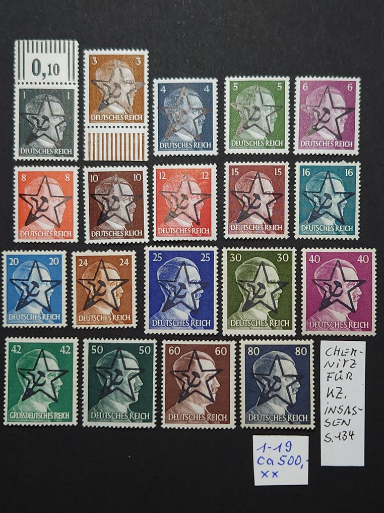 Allied Occupation - Germany (Soviet zone) 1945 - Soviet Zone Chemnitz (for concentration camp inmates) flawless concealment. - Michel Nr. 1-19 #1.0