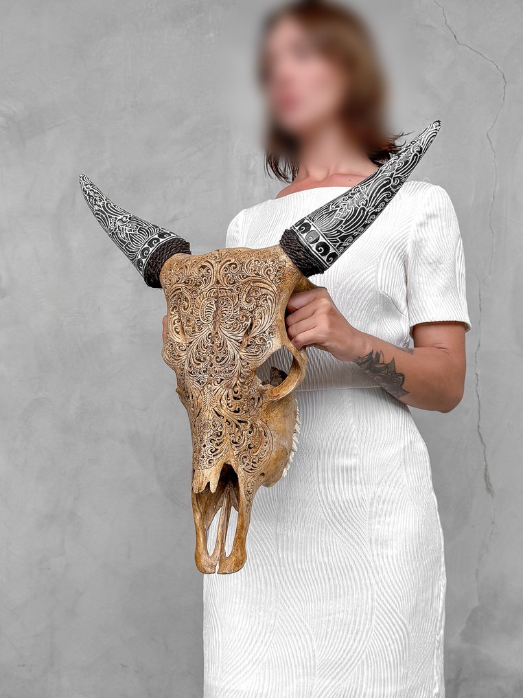 無底價 - 令人驚嘆的棕色牛頭骨，帶有波西米亞風格的雕刻角 - 小蓮花圖案- 雕刻頭骨 - Bos Taurus - 56 cm - 55 cm - 16 cm- 非《瀕臨絕種野生動植物國際貿易公約》物種 -  (1) #1.0