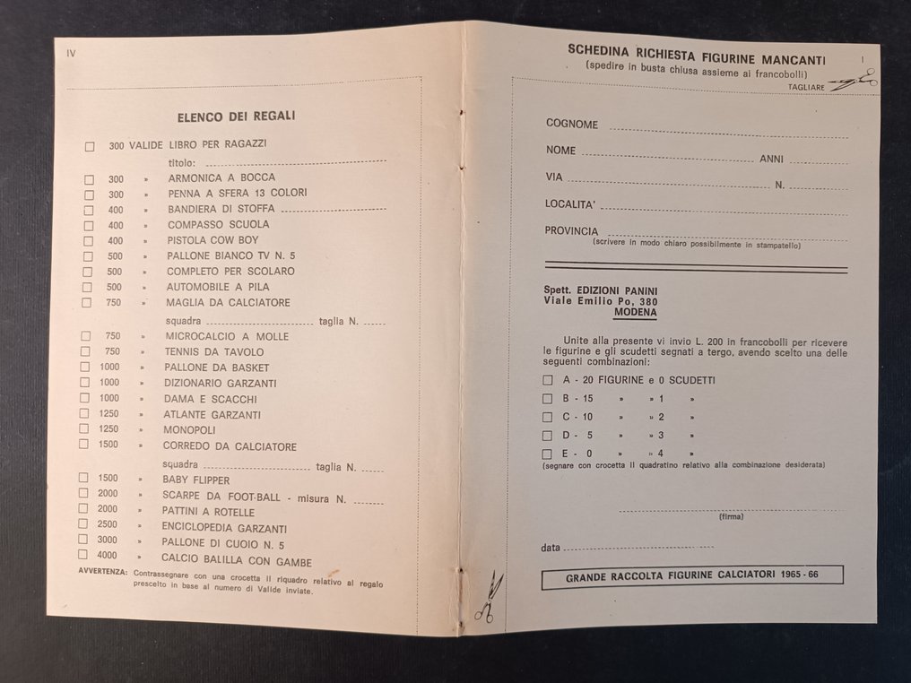 Panini copertina più cedola album 1965 panini - 1 Ημιτελές άλμπουμ - Good (GD) #2.1