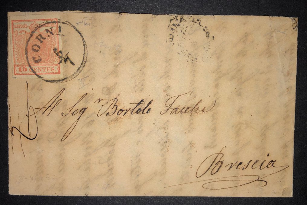 Austria 1850/1851 - Lombardo Veneto 15 cent 2’ type 1851 Corna signed Vaccari #1.0