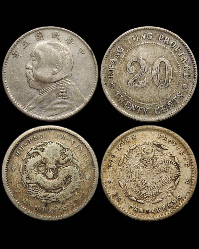 Kína. Lot of 4 Chinese Silver coins, including 2 Jiao "Fat man" (Nincs minimálár) #1.0