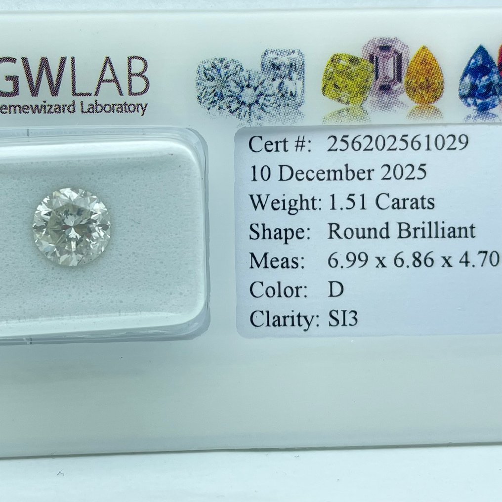 Sem preço de reserva - 1 pcs Diamante (Natural) - 1.51 ct - Redondo - D (incolor) - SI3 - Gemewizard Gemological Laboratory (GWLab) #1.0