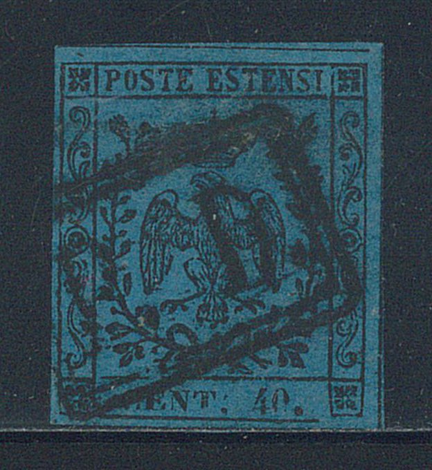 Anciens états italiens - Modène  - 40 c. bleu foncé n° 10, avec « point gros après le chiffre ». Cert. Biondi. #1.0