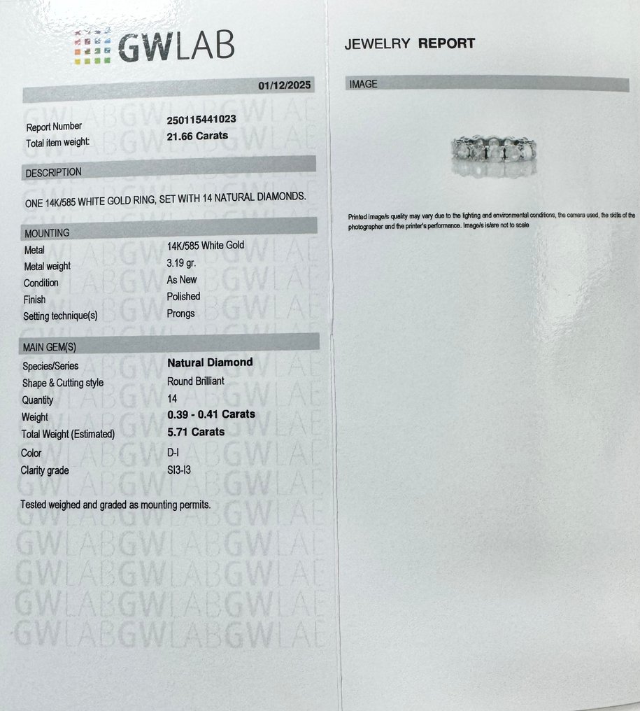 No reserve price - Ring - 14 kt. White gold -  5.71ct. tw. Diamond (Natural) - D-I color #2.1