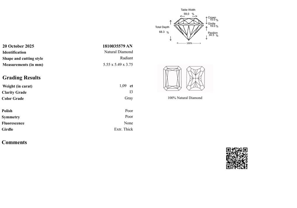 No reserve price - 1 pcs Diamond  (Natural)  - 1.09 ct - Radiant - I3 - Gem Report Antwerp (GRA) #3.2