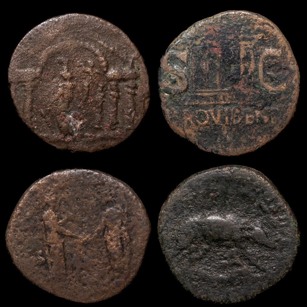 Império Romano Lote de 4 monedas Sestercios y Ases Tiberio, Caracalla, Marco Aurelio y Antonino Pio  (Sem preço de reserva) #1.0