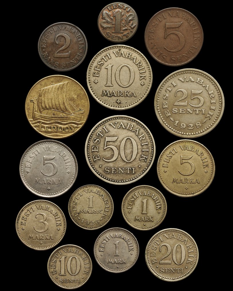 Észtország. Set of 15 coins: various Senti and Marka denominations 1922/1935 (Nincs minimálár) #1.0