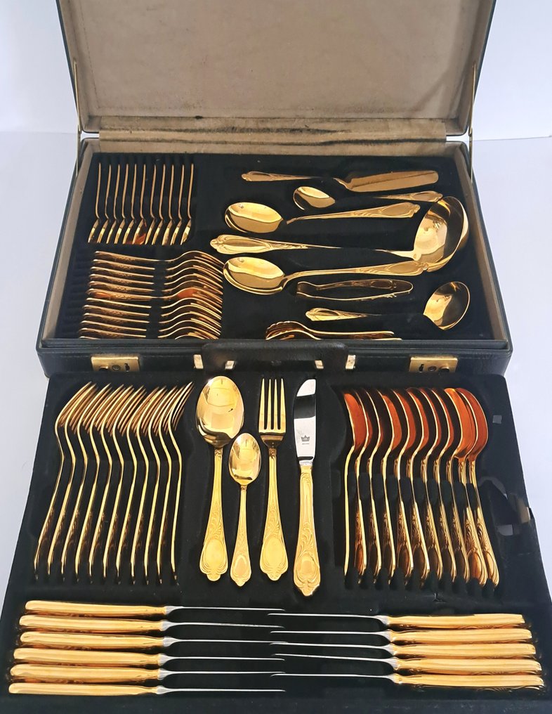 Solingen - Besteck (70) - Modell Wien - 12-Personen-Besteck, 23/24 Karat vergoldet, in originaler Koffer - Vergoldet #1.0