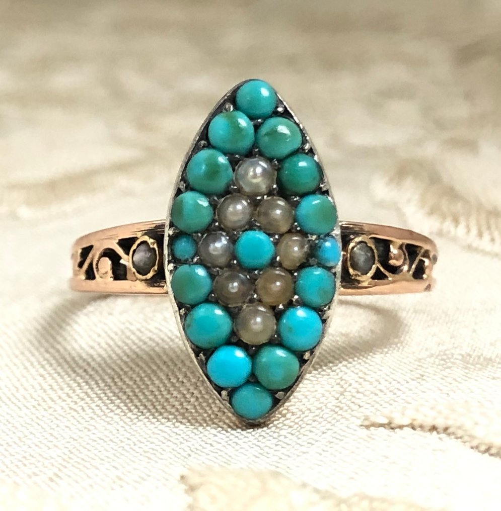 χωρίς τιμή ασφαλείας - Δαχτυλίδι - 18 καράτια Ροζ χρυσό, Ασημί - 0.30ct. tw. Τυρκουάζ - Μαργαριτάρι - 1900s #1.0