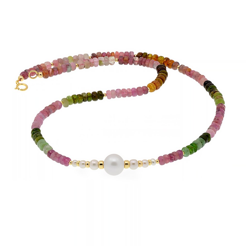 沒有保留價 - 頸鏈 - 18 克拉 黃金 珍珠 - 電氣石 #1.0