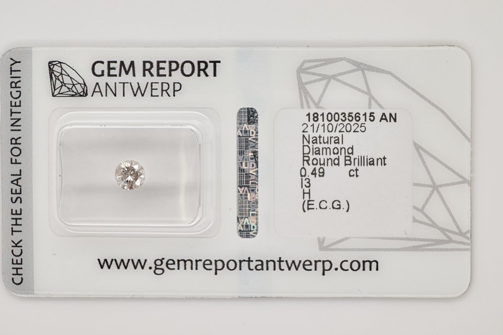 No reserve price - 1 pcs Diamond  (Natural)  - 0.49 ct - Round - I3 - Gem Report Antwerp (GRA) #1.0