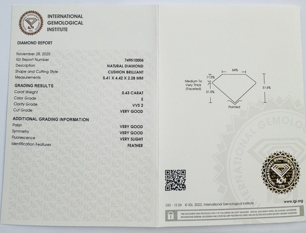 没有保留价 - 1 pcs 钻石 (天然) - 0.43 ct - 枕形 - E - VVS2 极轻微内含二级 - 国际宝石研究院(IGI) - *VG VSL* #3.2