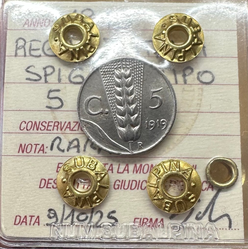Ιταλία, Βασίλειο Vittorio Emanuele III. 5 Centesimi 1919 “ Spiga “ 1º Tipo (Ferro-Nichel anziché Rame) #1.0