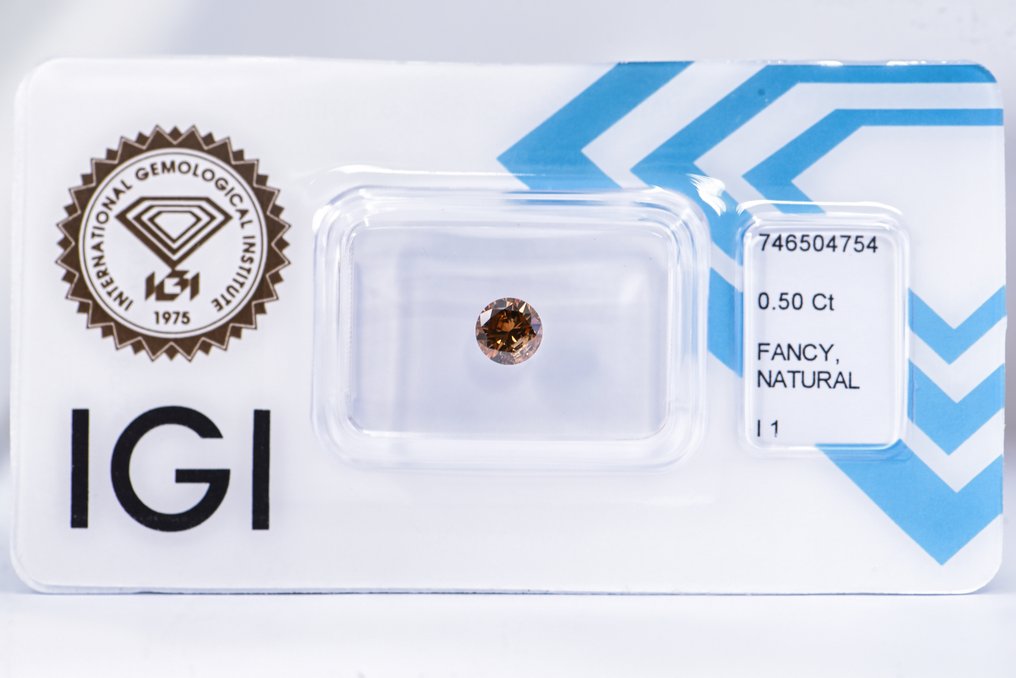 Fără preț de rezervă - 1 pcs Diamant (Colorat natural) - 0.50 ct - Rotund - Fancy deep Maro Portocaliu - I1 - IGI (Institutul gemologic internațional) - VG VG #1.0