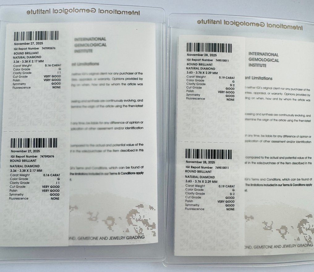 χωρίς τιμή ασφαλείας - 2 pcs Διαμάντι (Φυσικό) - 0.35 ct - Στρογγυλό - G - SI2, I1 - International Gemological Institute (IGI) - Ζεύγος #2.1