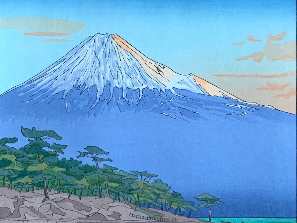'Mount Fuji from the coast of Hagoromo' - From the series "Twelve Views of Japan" - Okada Koichi (1907-1991) - Published by Unsodo - Japan #2.1