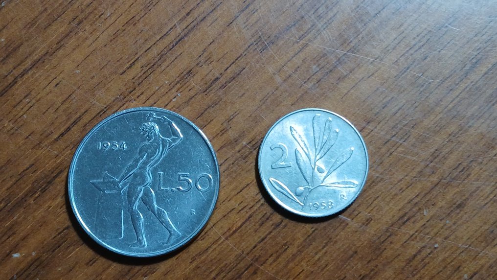 Italy, Republic 50 Lire 1954 + 2 Lire 1958 "Ulivo" #1.0