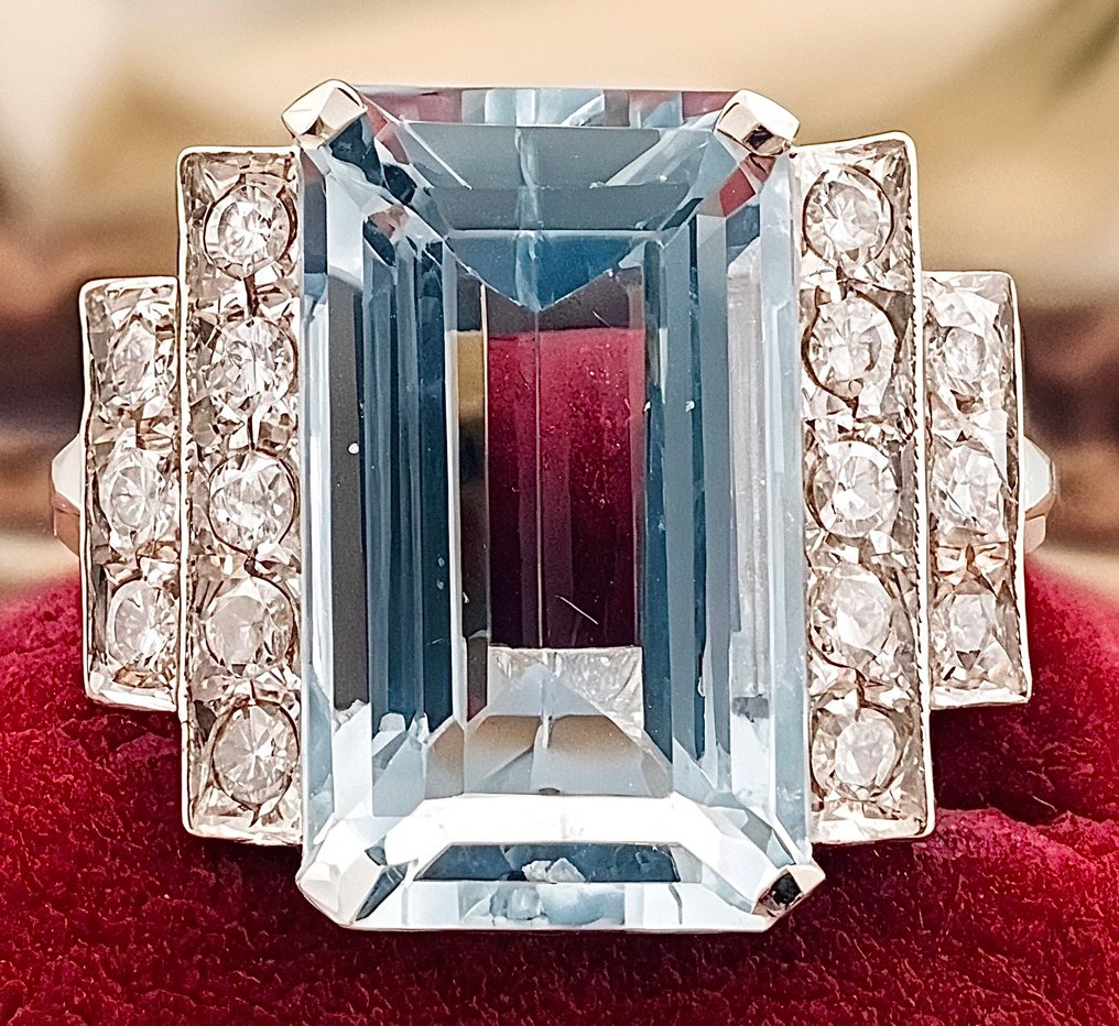 戒指 - 18K包金 白金 海蓝宝石 - 钻石 #1.0