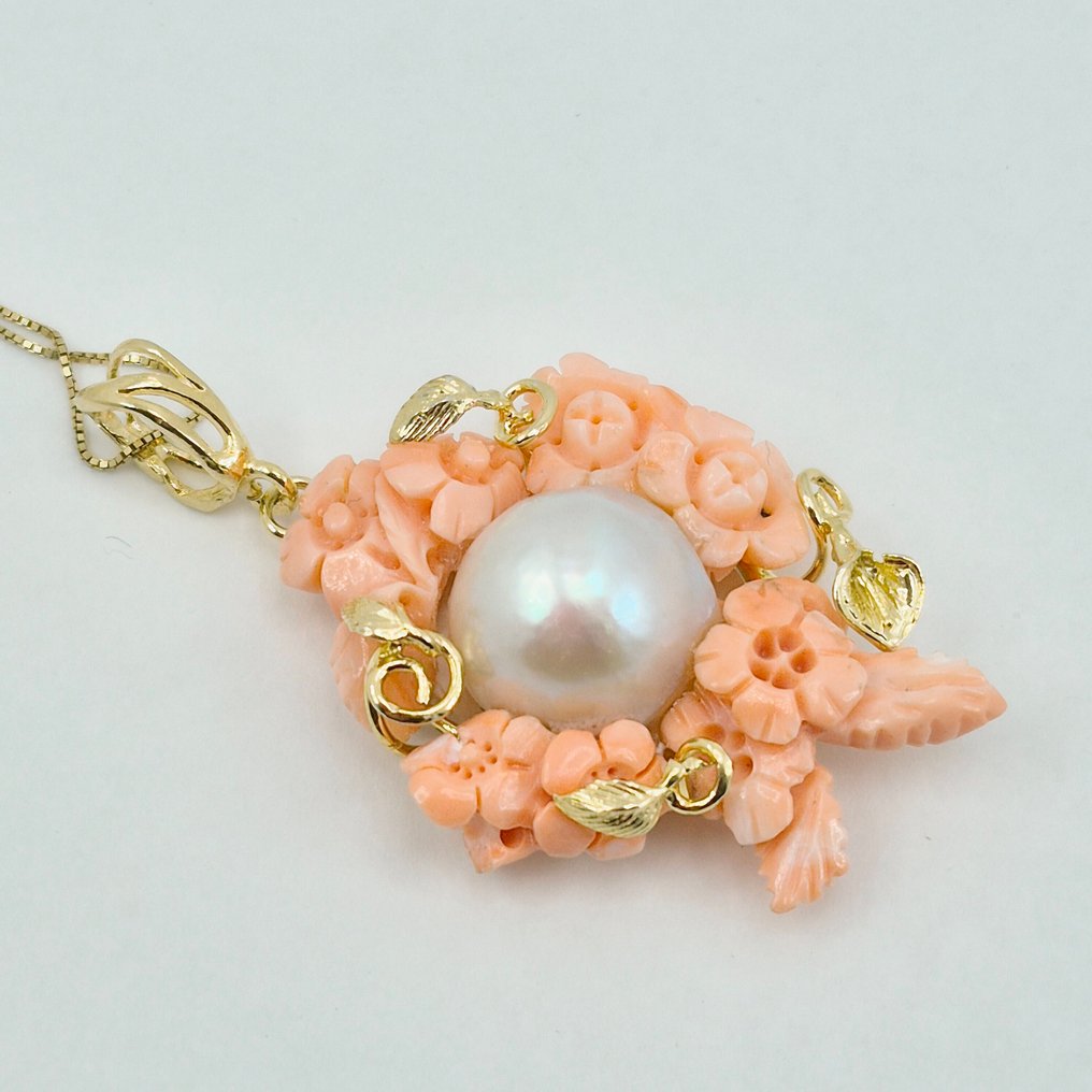 Κοράλλι - Ασημί, Gold-plated - Κολιέ με μενταγιόν - Corallo Rosa Inciso #3.2