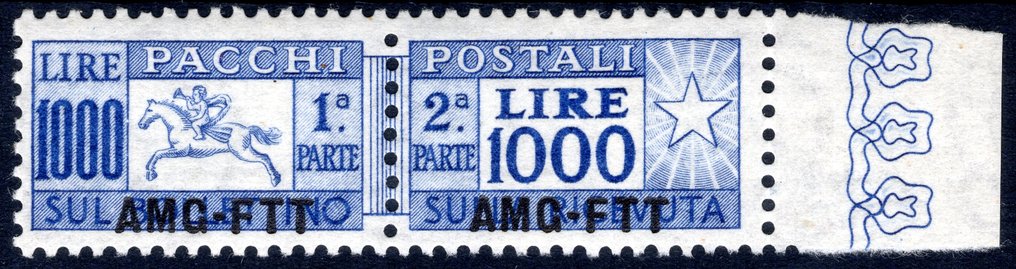Trieste - Zona A 1954 - Pacotes postais 'Cavallino' - O valor de 1000 liras, novo, com goma íntegra e com borda de folha. - Sassone n. 26 #1.0