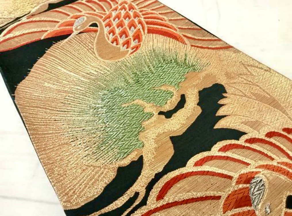 复古日本丸帯 - 金色与红色刺绣鹤图案 - 絲 - 日本 - 20世紀 #1.0