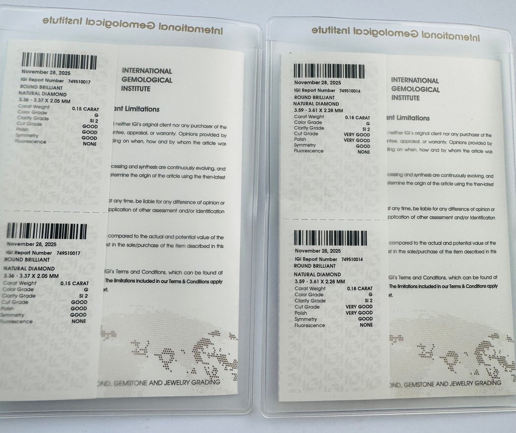 Zonder minimumprijs - 2 pcs Diamant (Natuurlijk) - 0.33 ct - Rond - G - SI2 - International Gemological Institute (IGI) - Matching Pair #2.1