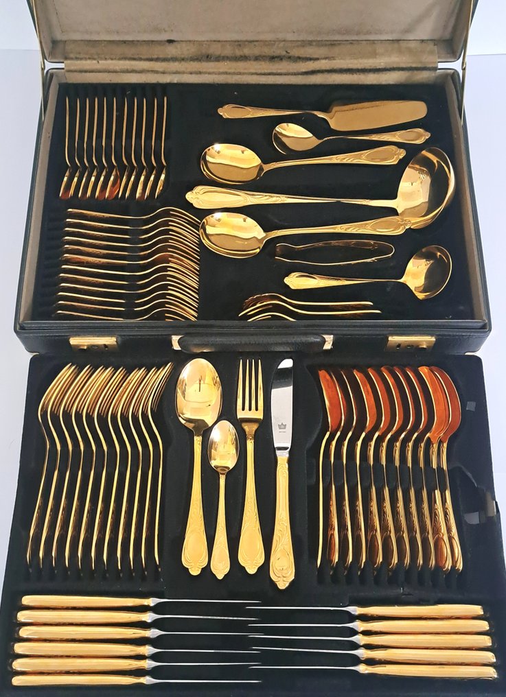 Solingen - Besteck (70) - Modell Wien - 12-Personen-Besteck, 23/24 Karat vergoldet, in originaler Koffer - Vergoldet #1.0