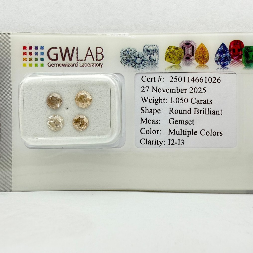 沒有保留價 - 4 pcs 鑽石 (天然彩色) - 1.05 ct - 圓形 混色 - I2, I3 - Gemewizard Gemological Laboratory (GWLab) #4.3