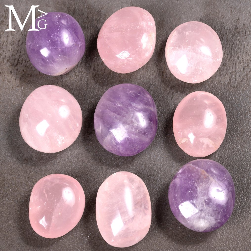 Set of Chevron Amethyst and Rose Quartz Palm Stones – Madagascar (9 pcs) - Altezza: 50 mm - Larghezza: 50 mm- 555 g #1.0