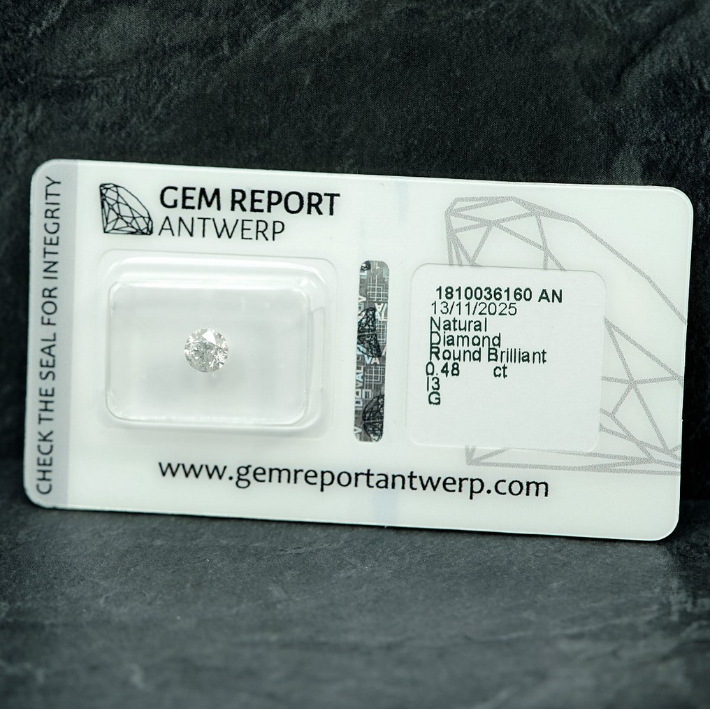 Zonder minimumprijs - 1 pcs Diamant (Natuurlijk) - 0.48 ct - Rond - G - I3 - Gem Report Antwerp (GRA) #3.2