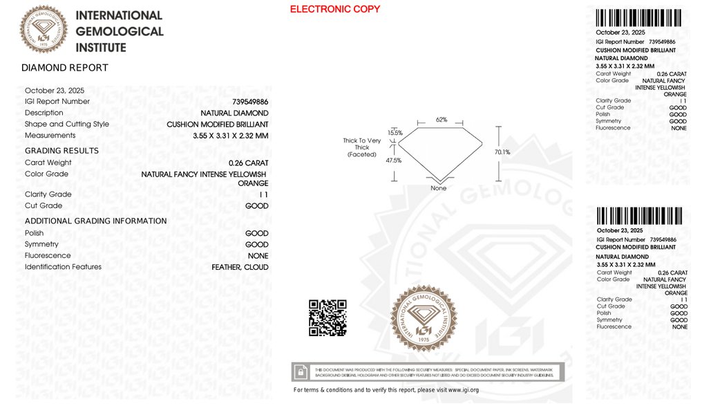 χωρίς τιμή ασφαλείας - 1 pcs Διαμάντι (Φυσικό) - 0.26 ct - Κούσιον - I1 - International Gemological Institute (IGI) #4.3