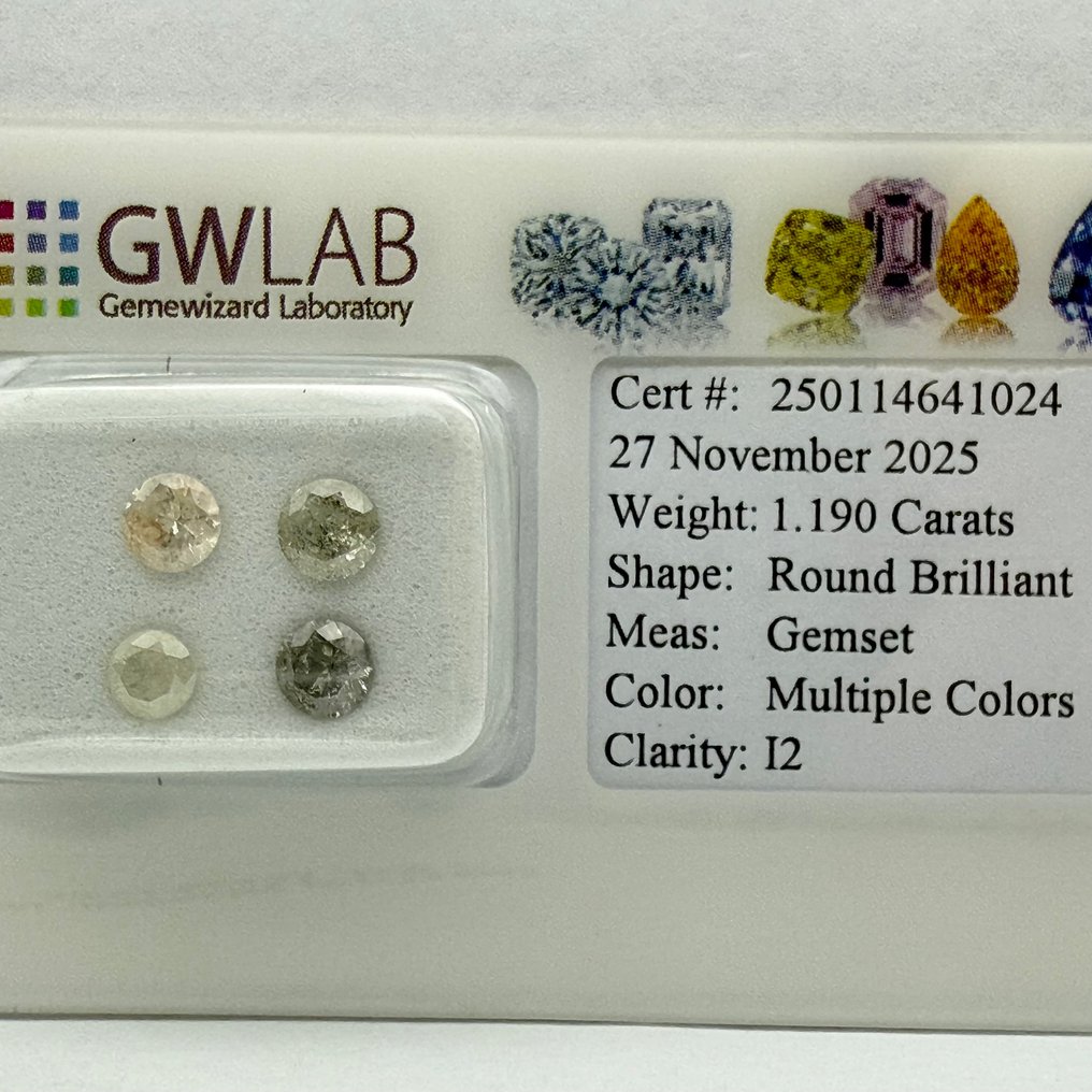 Zonder minimumprijs - 4 pcs Diamant  (Natuurlijk gekleurd)  - 1.19 ct - Rond Gemengde kleuren - P2 - Gemewizard Gemological Laboratory (GWLab) #1.0
