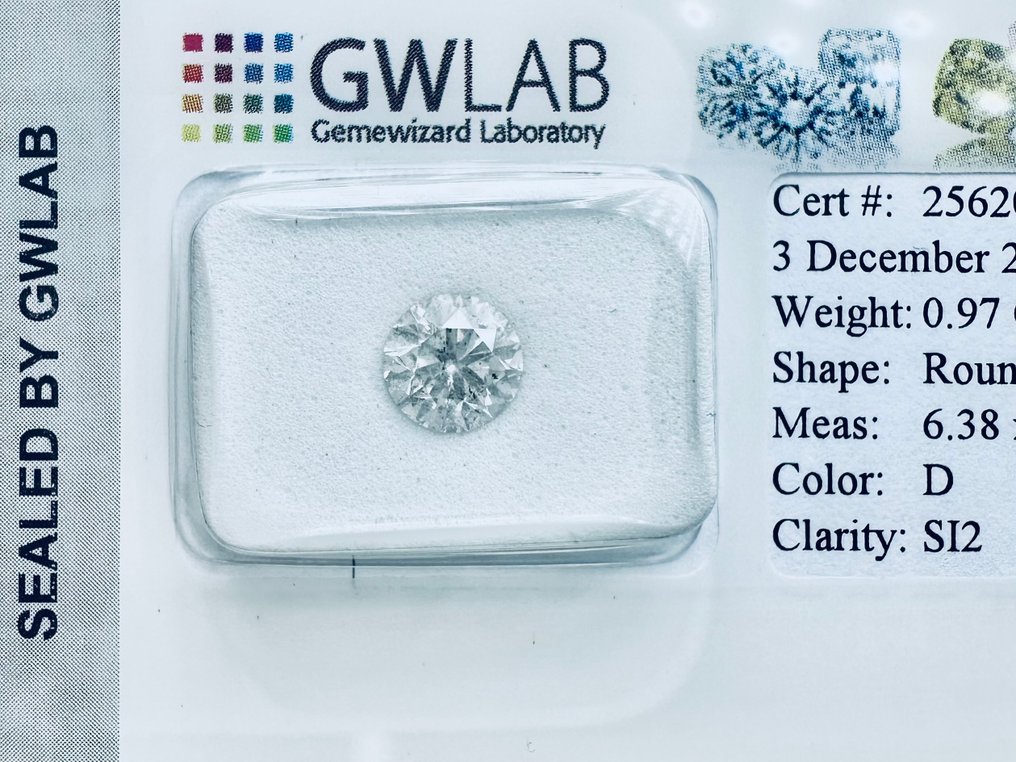 1 pcs Diamond  (Natural)  - 0.97 ct - Round - D (colourless) - SI2 - Gemewizard Gemological Laboratory (GWLab) - ( NATURAL -VG/VG/VG ) #1.0