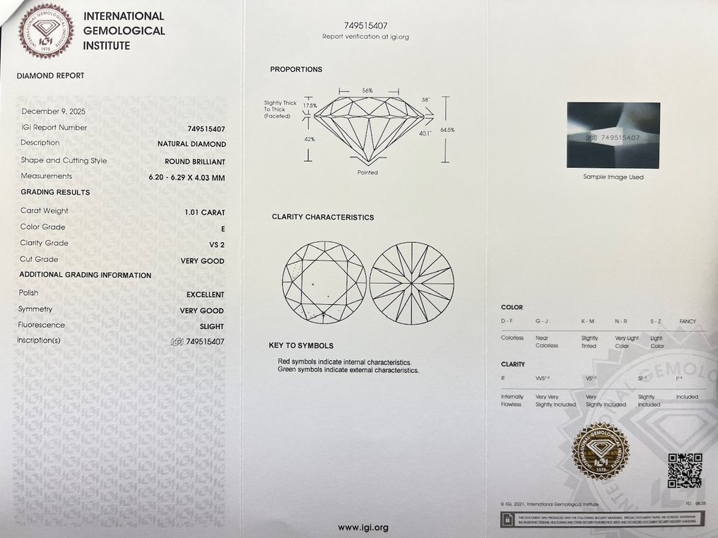 χωρίς τιμή ασφαλείας - 1 pcs Διαμάντι (Φυσικό) - 1.01 ct - Στρογγυλό - E - VS2 - International Gemological Institute (IGI) #3.2