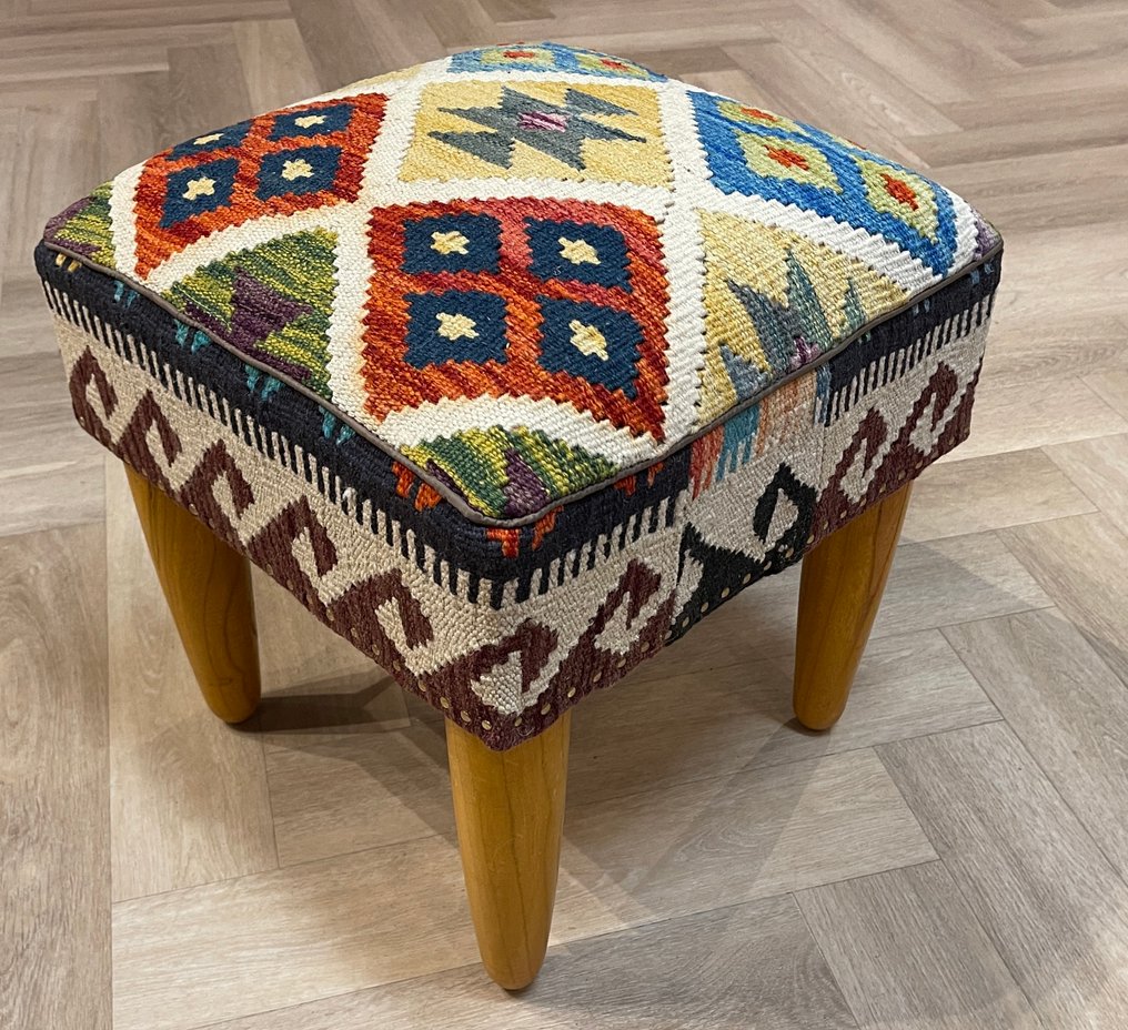 Kelim poef - handgewebt - unbenutzt - Wolle - farbenfroher Kelim - neu - unbenutzt - Teppich - 46 cm - 46 cm #1.0