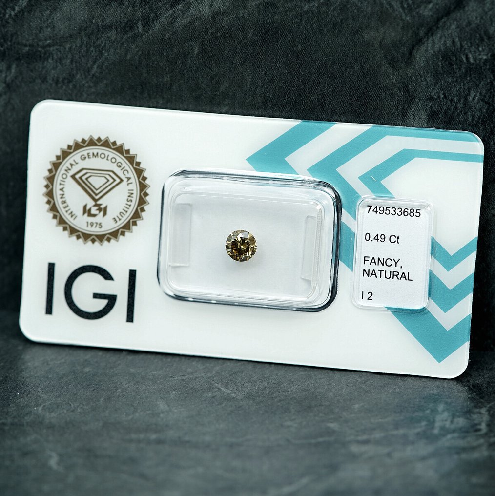 沒有保留價 - 1 pcs 鑽石 (天然彩色) - 0.49 ct - 圓形 - Fancy intense 淡褐色 黃色 - I2 - 國際寶石學院(International Gemological Institute (IGI)) #3.2
