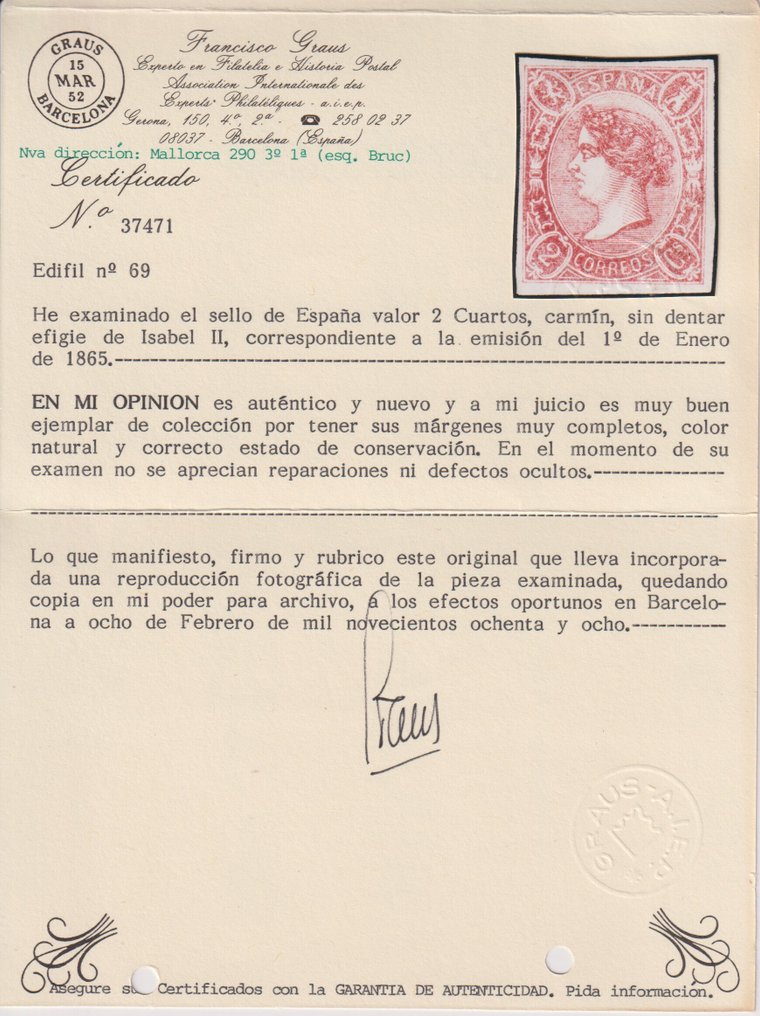 Espanha 1865 - Isabel II 2 Cuartos com certificado - Edifil nº 69 #2.1