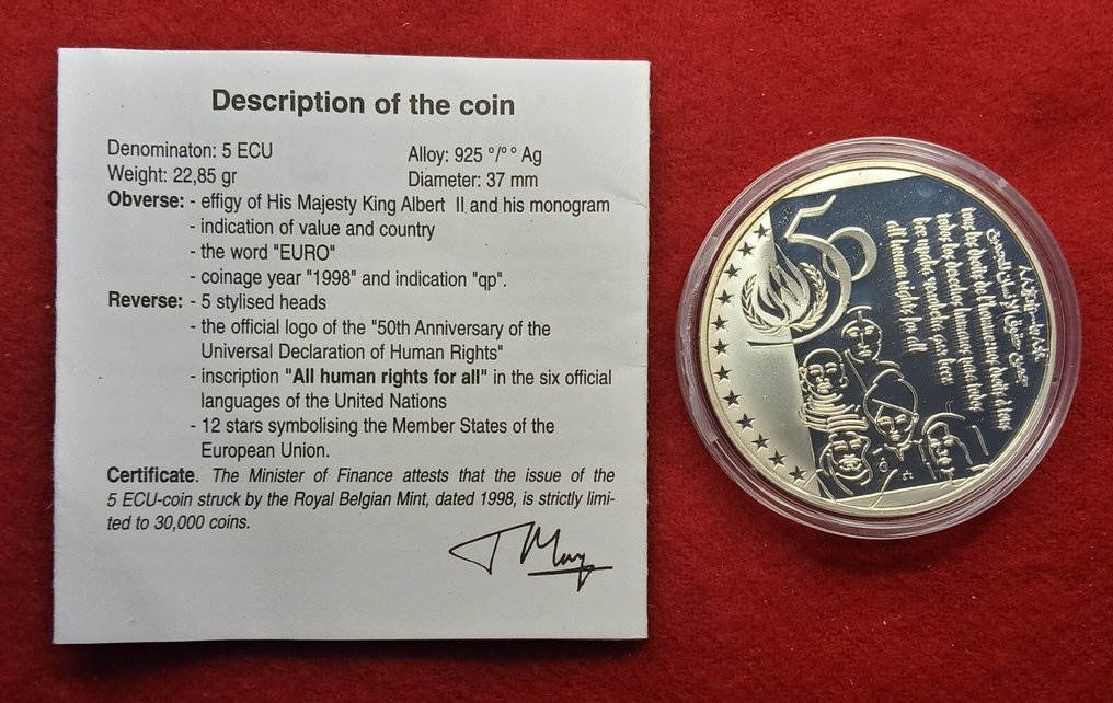 Belgium. Albert II. 5 ECU 1998 "Derechos Humanos "  (No reserve price) #2.1