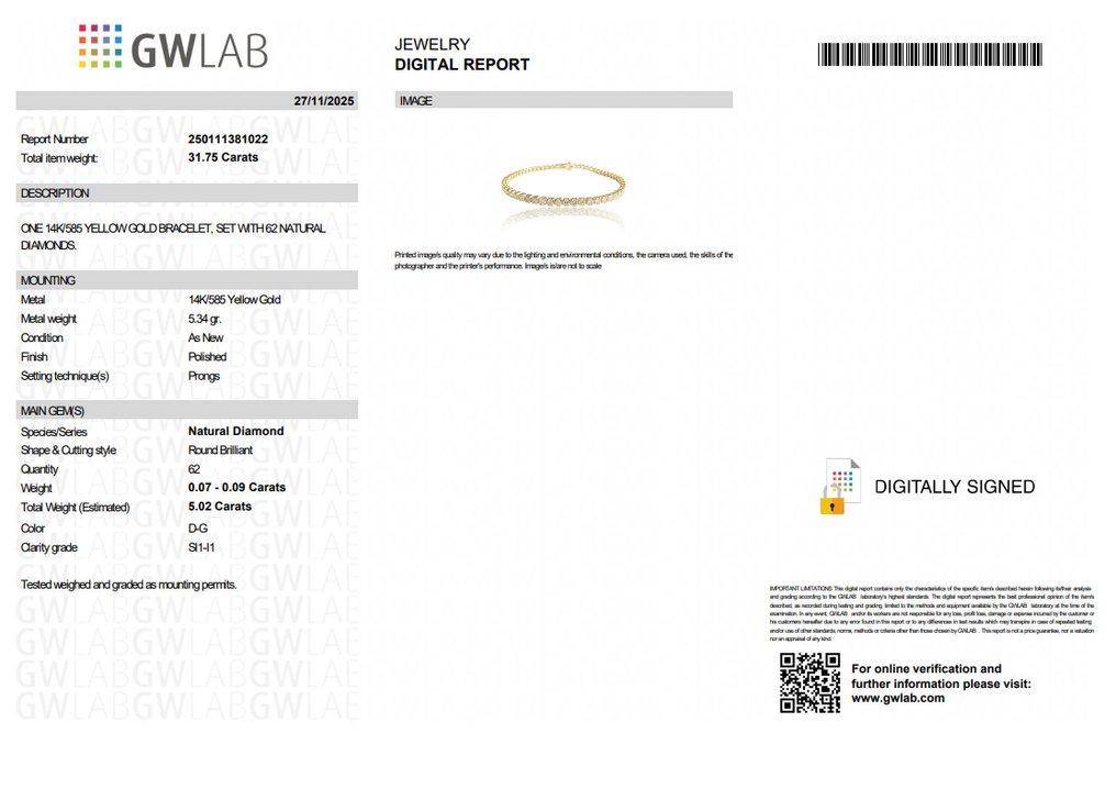 χωρίς τιμή ασφαλείας - Βραχιόλι - 14 καράτια Κίτρινο χρυσό -  5.02ct. tw. Διαμάντι (Φυσικό) - D-G ΧΡΩΜΑ SI1-I1 #2.1
