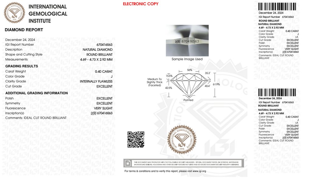Senza prezzo di riserva - 1 pcs Diamante (Naturale) - 0.40 ct - Rotondo - J - IF - International Gemological Institute (IGI) - *3EX VSL* #2.1