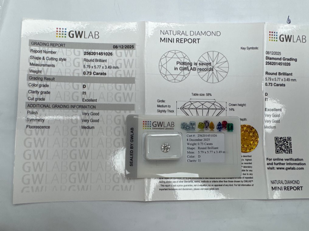沒有保留價 - 1 pcs 鑽石  (天然)  - 0.73 ct - 圓形 - D (無色) - I1 - Gemewizard Gemological Laboratory (GWLab) #2.1