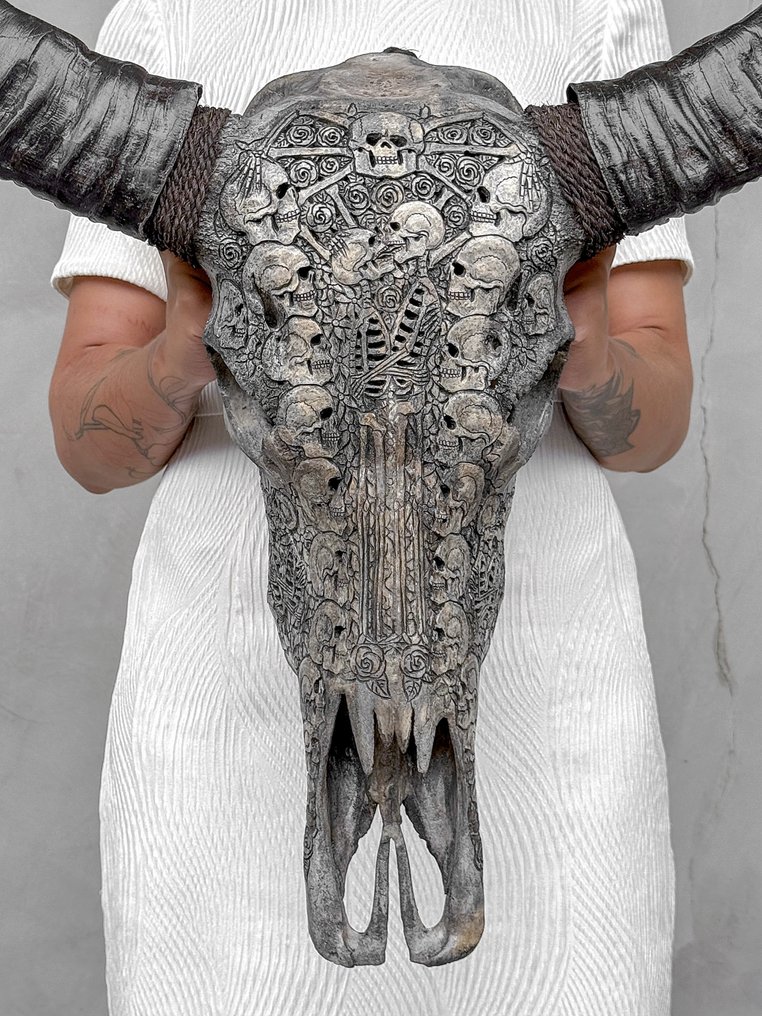 Χωρίς ελάχιστη τιμή - Μεγάλο χειροποίητο γκρίζο κρανίο βούβαλου με σκαλιστό σχέδιο - Θέμα ζευγαριού Λαξεμένο κρανίο - Bubalus Bubalis - 83 cm - 68 cm - 26 cm- Είδη που δεν ανήκουν στο CITES -  (1) #1.0