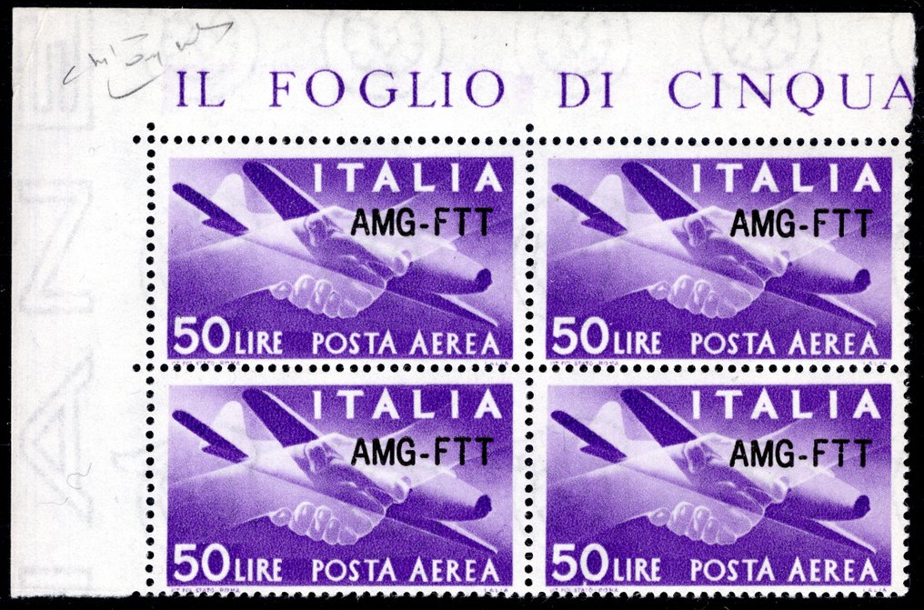Triest - A zóna 1954 - Posta aerea - Az 50 lejes érték új típusú sorszámozással, új négyesben, gumival. - Sassone n. 22A #1.0