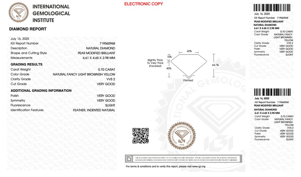 No reserve price - 1 pcs Diamond  (Natural)  - 0.70 ct - Pear - VVS2 - International Gemological Institute (IGI) #4.3